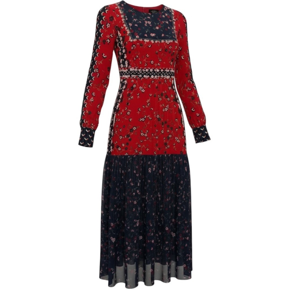Saloni Silk Midi Dress Women 6 Red Navy Floral Pleated Chiffon Mixed Print Luxe